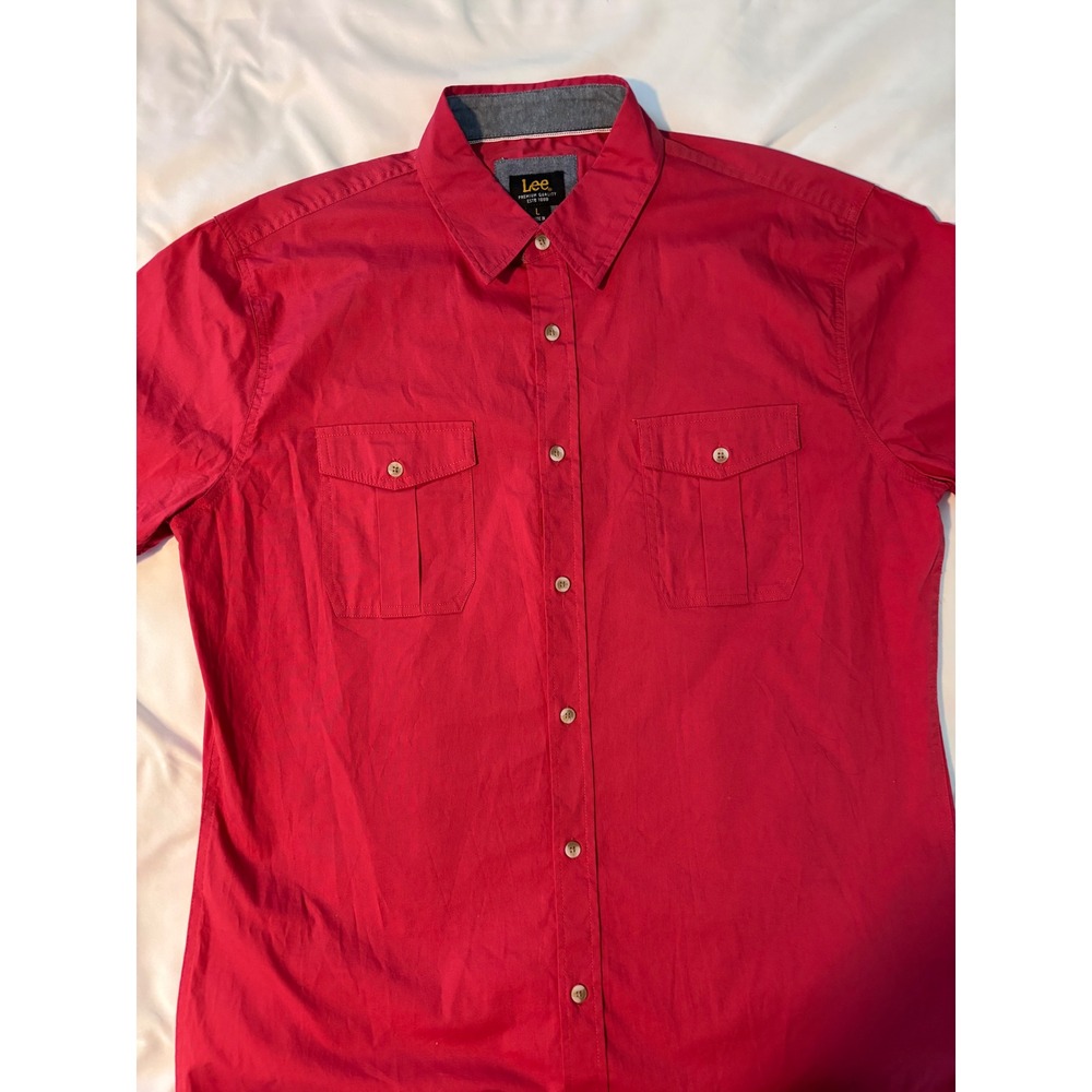 Lee Mens Short Sleeve Button Down Shirt Magenta Pink Two Pocket Large